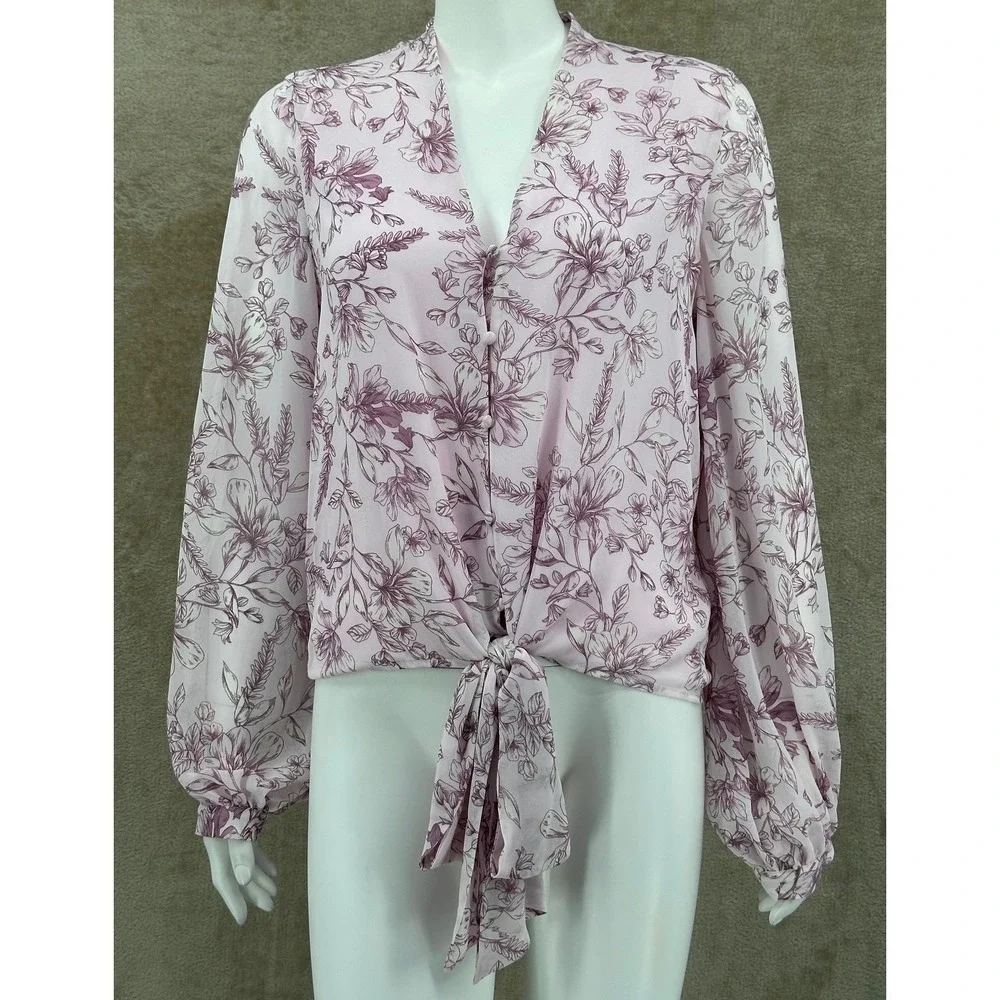 Vince Camuto Top Womens Small Ice Pink Floral Beauty Button Tie Front Spring NWT